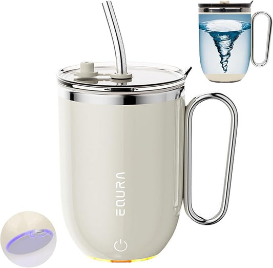 Self Stirring Mug - 4-Color Temp Display Magnetic Electric Auto Mixing Stainless Steel Cup with Straw & Lid For Office/Kitchen/Home/Coffee/Milk- 14.2oz/420ml(Beige)