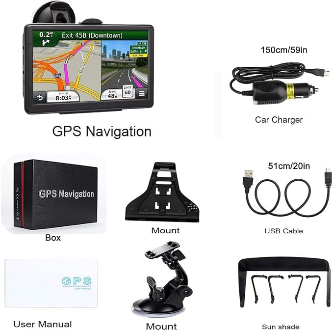 GPS Navigation for Car, 2025 Map 7 inch Touch Screen Car GPS, Voice Turn Direction Guidance, Support Speed and Red Light Warning, Pre-Installed North America Lifetime map Free Update