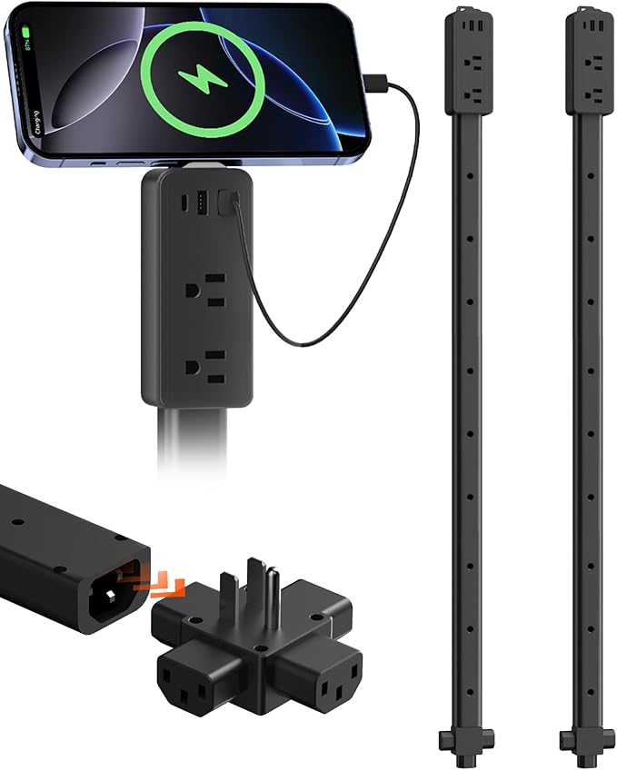 2 Pack Outlet Extender Stick Black with 4-Way Flat Plug | Extends 8"-36" | Outlet Extender with 2AC Outlets, 2USB-A & 1USB-C Ports | Socket Expander Access Hard-to-Reach Outlets Bed Sofa Behind