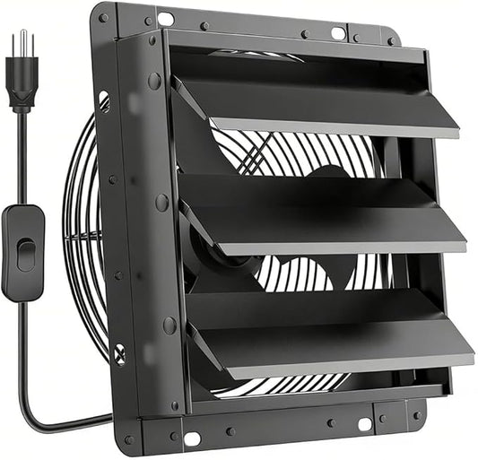 HG Power 10 Inch Shutter Exhaust Fan, 647CFM Quiet Garage Exhaust Fan with 8 Foot Long ON/OFF Switch Cable for Chicken Coop, Shed, Basement, Gable, Kitchen, Attic Ventilation Use, Black