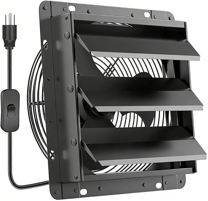 HG Power Upgraded 12 Inch Shutter Exhaust Fan, 764CFM High-Speed, 1400RPM Wall-Mounted Ventilation Fan for Shed, Garage, Greenhouse - with Mesh Screen, ON/OFF Switch & 8FT Power Cord, Black