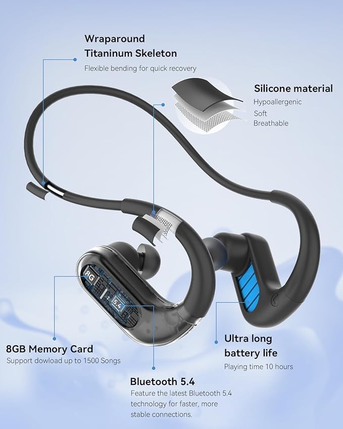 SANOTO Swimming Headphones, in Ear Bone Conduction Headphones Bluetooth 5.4, IPX8 Waterproof Earbuds Sport, 8G MP3 Player Swimming Earphones, Underwater Headphones for Swim, Run, Surf, Cycle