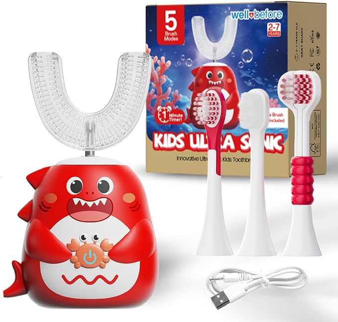 Well Before Kids U Shaped Electric Toothbrush with 5 Brush Heads, Ultrasonic, 5 Modes, IPX7 Waterproof Design (Shark, Red Ages 2-7)
