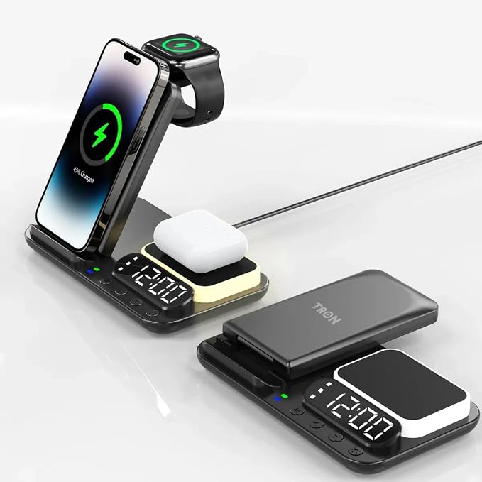 Tron 7-in-1 Wireless Charging Station with Clock, 25W Adapter, Night Light, iPhone/Watch/Earbuds Compatible, for Travel, Home, Office, and Bedroom – TR42