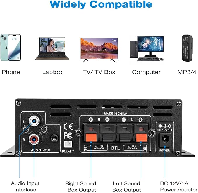 Hosyond Bluetooth 5.0 Audio Amplifier 400W+400W 2.0 CH AMP HiFi Stereo Treble Bass Audio Receiver for Passive Speakers Theater System AK-380