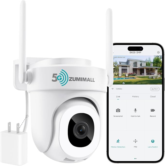 ZUMIMALL 2K 3MP Wired Camera for Home Security, 2.4G/5G WiFi Security Camera Outdoor, 24/7 Recording, AI Motion Detection, Cloud & SD Card Storage, 2-Way Audio, 360° PTZ Auto Tracking, Work with Alexa