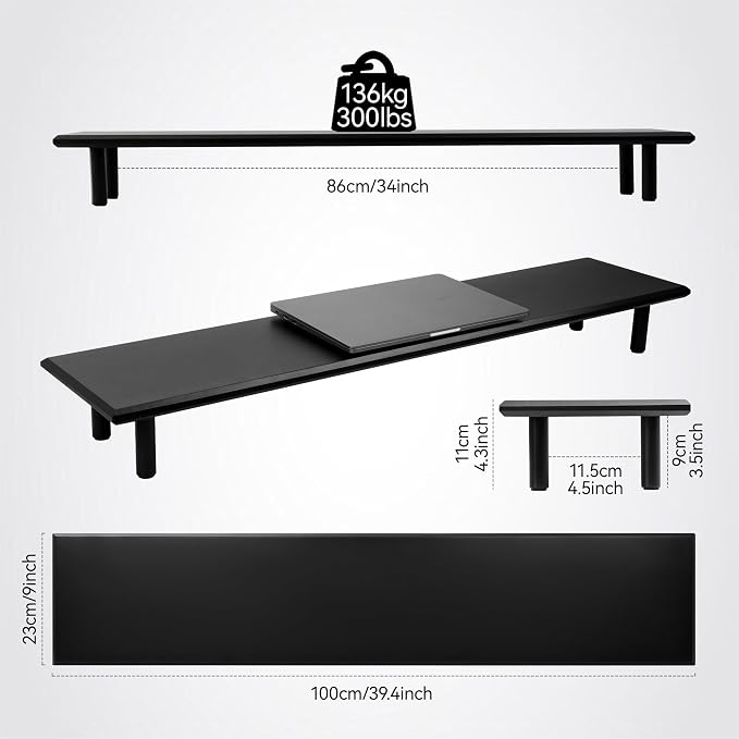 Bamboo Dual Monitor Stand Riser with Underneath Storage, Ergonomic Desk Shelf Supports PC Computer Monitor, Printer, TV for Home, Office, Black