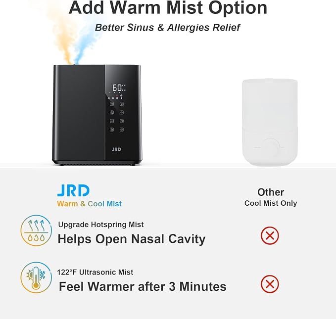 JRD Warm & Cool Mist Humidifiers for Bedroom 5L, Quiet Ultrasonic Air Humidifier Fast Symptom Relief, 50H Runtime, Oil Diffuser, 12H Timer, 7 Color Light for Large Room, Office, Baby, Plants-Black