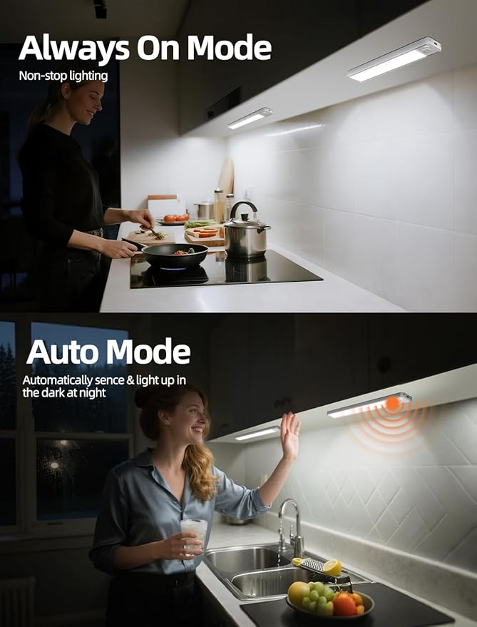 Under Cabinet Rechargeable Lighting: 8 Inch Motion Sensor Dimmable Lights Indoor - Battery Operated Lights - Wireless Closet Light Magnetic Led Light for Kitchen Home Bathroom Counter 4 Pack