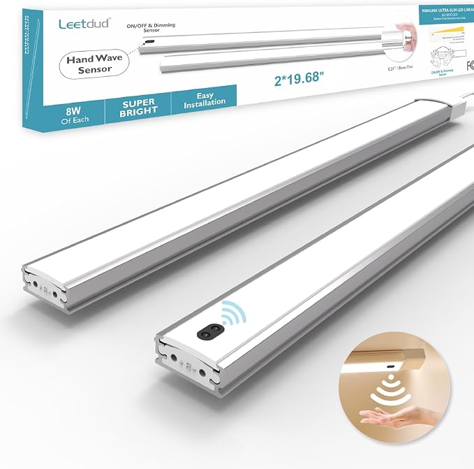 Leetdud Hand Wave Under Cabinet LED Lighting Plug in, 20 Inch 2 Pcs Dimmable Linkable Ultra Thin Aluminum Alloy Housing, 4000K Natural White Motion Sensor Counter Lights for Kitchen, Shelf, Cupboard