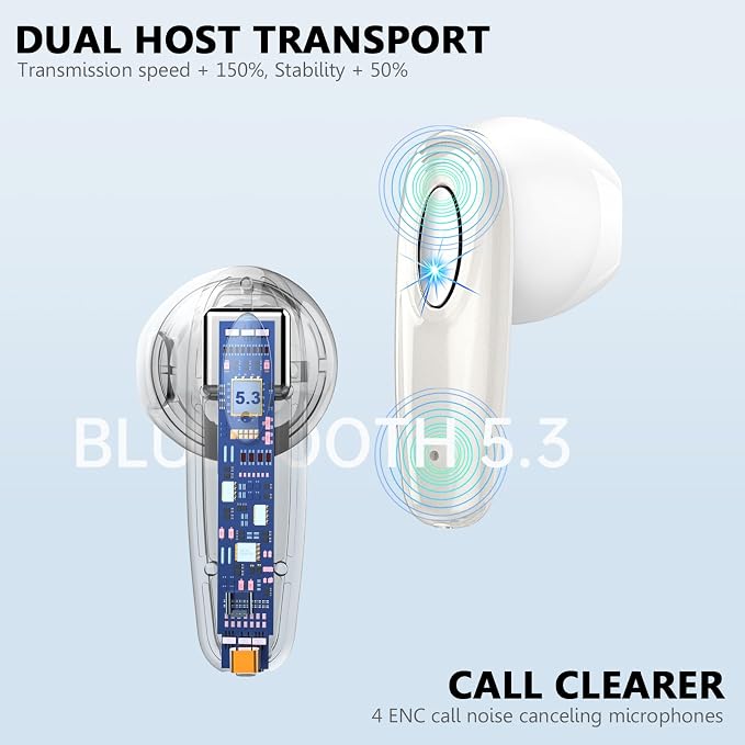Wireless Earbud, Bluetooth Headphones 5.3 Built in 4 ENC Mic, Stereo Bass Wireless Earphones, 40H Bluetooth Earbud in-Ear Dual LED Display, USB-C, IP7 Waterproof Sport Ear Buds for Android iOS, Sliver
