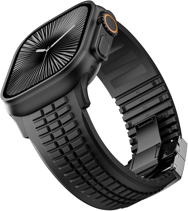 Silicone Watch Band Compatible with iWatch Ultra 2 / Ultra/Series 10 9 8 7 (44mm 45mm 46mm 49mm), Sport bands with Folding buckle, Rugged Heavy Duty Modern Design for Men