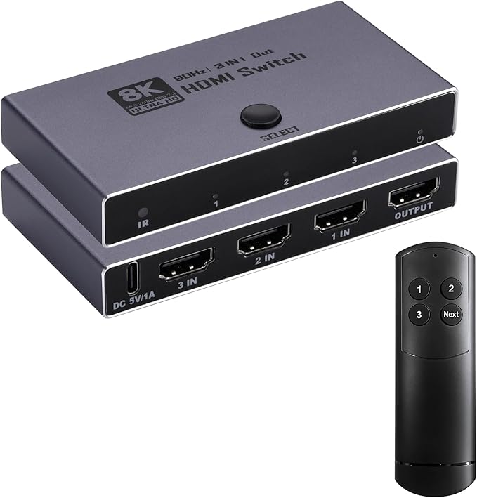 2026 Upgrade 8K HDMI 2.1 Switch, HDMI 2.1 Switcher 3 In 1 Out Supports CEC 8K@60Hz, 4K@240Hz, 1080P@480Hz HDCP 2.3 HDR Dolby Atmos VRR Compatible with PS5 Xbox Blu-Ray Player with IR remote controller