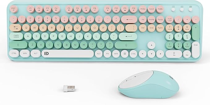 Wireless Keyboard and Mouse Combo, Cute Retro Typewriter Style Round Key Keyboard for Long Nails,2.4GHz Full Size Clicky Aesthetic Colorful Keyboard with Number Pad for PC Laptop Desktop, Pink Green