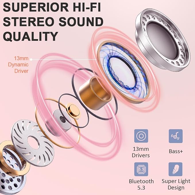 Wireless Earbuds, Bluetooth Headphones, Stereo Bass Ear Buds with ENC Noise Cancelling Mics,42H Bluetooth Earbuds with LED Display Charging Case, IP7 Waterproof Earphones for Android iOS/Light pink