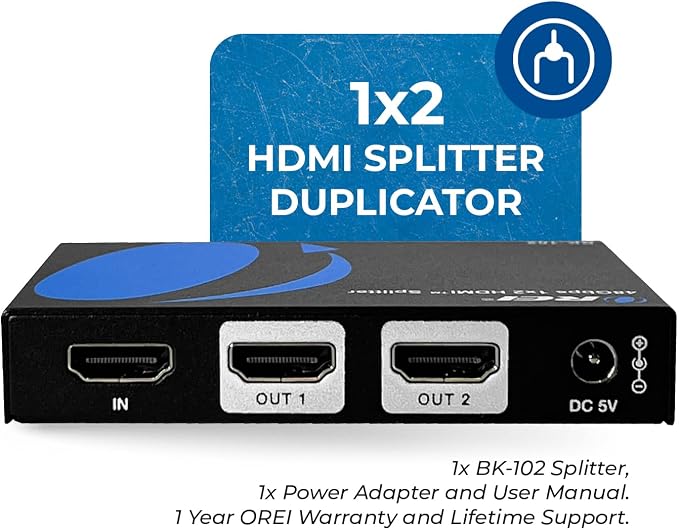 OREI 8K HDMI Splitter 1 in 2 Out, Duplicate/Mirror HDMI Signal UltraHD Supports Upto HDMI 2.1 Splitter 4K@120Hz EDID Management HDCP 2.3 - BK-102