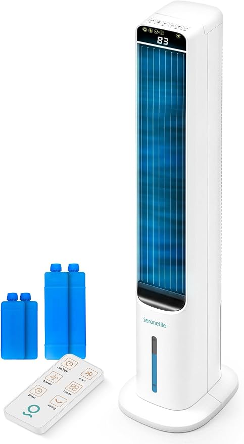 SereneLife Evaporative Air Cooler Tower Fan with Remote, 5L Water Tank, 4 Ice Boxes, 3 Speeds, 60° Oscillation, Quiet Portable Swamp Cooler, Cooling Fan for Bedroom, Home, Office, Dorm
