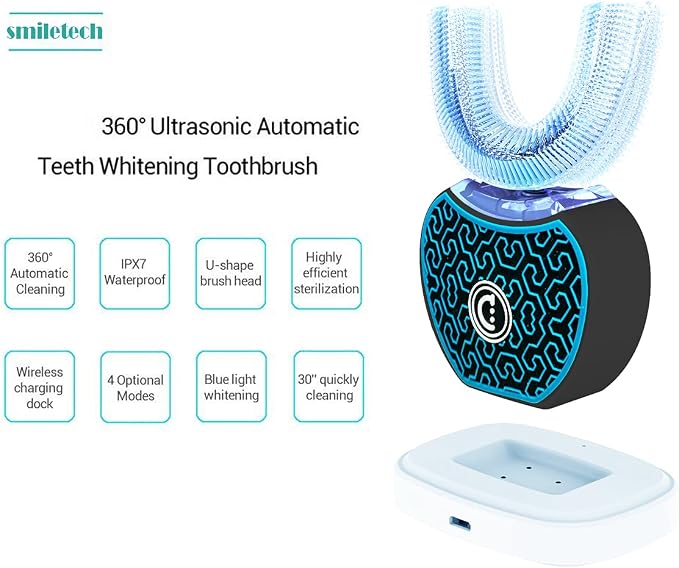 Sonic Glow U-Shaped Automatic Toothbrush–45-Second Teeth Whitening Kit,Fast Sonic Cleaning for Adults,Travel-Friendly with Teeth Whitening Gel（Black）