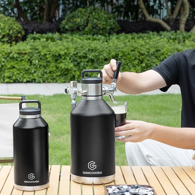 64oz Double-Walled Mini Keg Growler, Stainless Steel Vacuum Insulated Home Dispenser System with Detachable Faucet & Regulator Keeps Homebrew, Craft, and Draft Beer Carbonated and Fresh