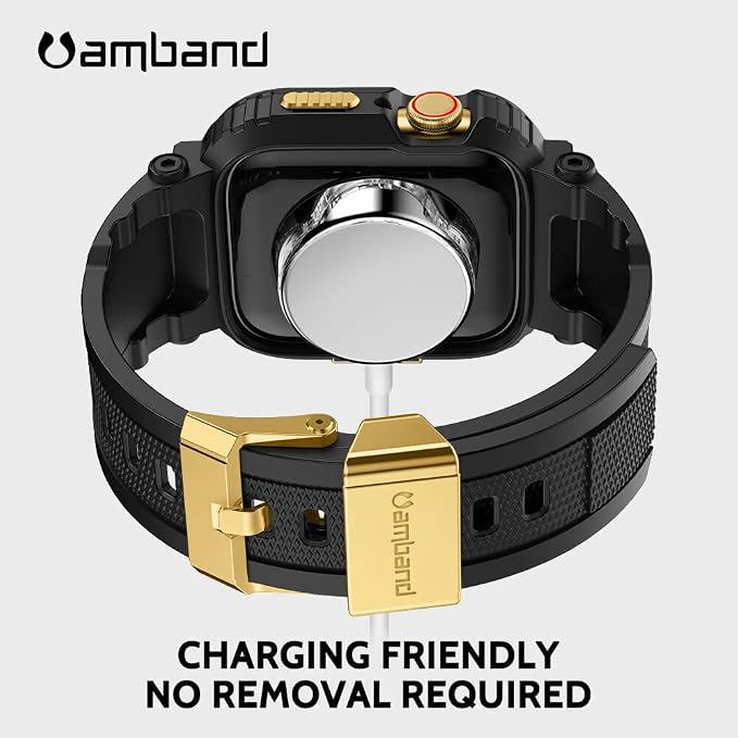 amBand Bands Compatible with Apple Watch 9/8/7 45mm, M1 Sport Series Rugged Case Protective Cover for iWatch 6/SE (3/2/1)/5/4/3 44mm Black Gold