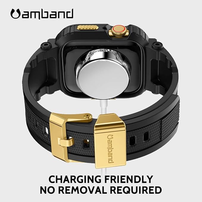 amBand Bands Compatible with Apple Watch 9/8/7 41mm, M1 Sport Series Rugged Case with TPU Strap Military Protective Tough Cover Bumper for iWatch SE3/SE2/SE/6/5/4 40mm Men Black Gold