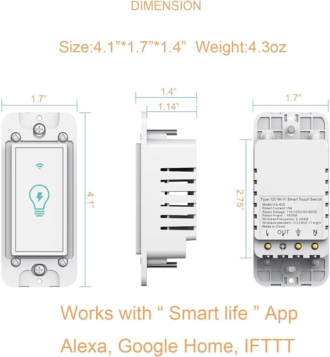 Micmi Smart Switch, WiFi Light Switch in-Wall Compatible with Amazon Alexa Google Home, Timing Function, Suit for 1/2/3/4 Gang Switch Box, Neutral Wire Required (1 Gang Smart Touch Switch 4pack)