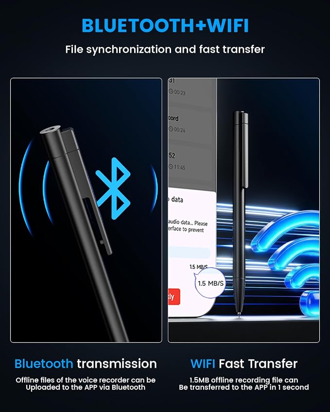 AI Voice Recorder Pen with App Control, 64GB Note Sound Recorder with Transcribe, Mind Mapping & AI Summary, Supports 103 Languages, Audio Activated Recorder for Lectures, Meetings, Calls