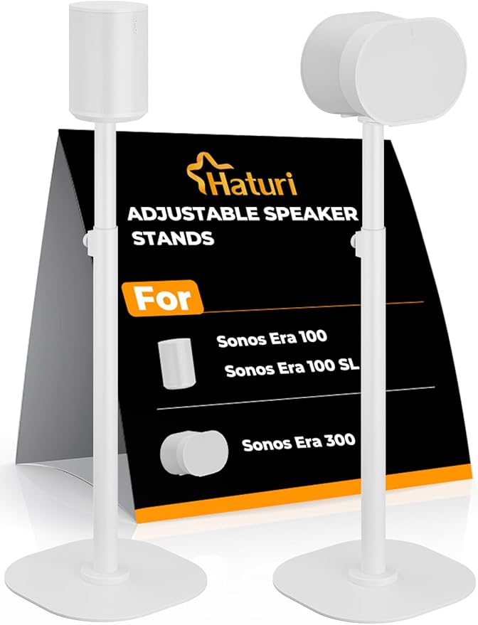Haturi Speaker Stands Pair for Sonos ERA 300, ERA 100 SL & ERA 100, 22''–42" Adjustable Height Floor Stands with Cable Management, Heavy Duty Metal Basem, Speaker Mount White