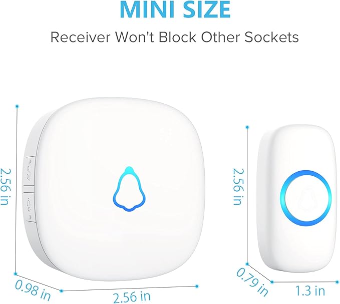 SECRUI Wireless Doorbell, Mini Door Bell with 58 Chimes 5 Volume Levels, 1 Waterproof Button 2 Plug in Receiver, White Doorbell with Led Blue light for Home/Classroom/Office