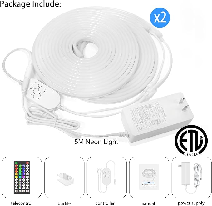 32.8FT 10M Addressable Neon Rope Light, WS2811 RGB LED Chasing Digital Strip Lights MagicRGB Waterproof Silicone Rope Music Sync DIY Design APP Control Dream Color for Gaming Room Wall Decor