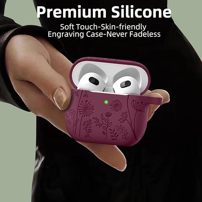 Lerobo Case Cover for Airpods 4, Flower Engraved Silicone, Full Protective, Shockproof, Anti-dust, with Cleaner Kit & Keychain, Compatible with Apple Airpods 4 Case for Women, Purplish Red