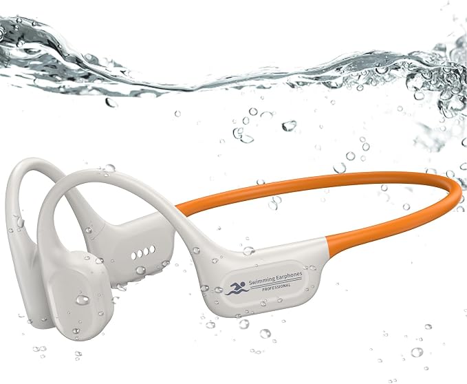 Full-Coverage Liquid Silicone Swimming Headphones,IP68 Waterproof Underwater Headphones, Bluetooth 6.0&MP3 with 32GB Memory Card,Soft/Skin-Comfortable Open Ear Bone Conduction Swim Earbuds(Orange