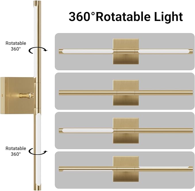 Tipace Modern Bathroom Light Fixtures,Hardwired Wall Sconces,360°Rotate,LED Brushed Brass Vanity Light Bar,5500K White Light Wall Wall Light Fixtures for Bathroom,Living Room,23.6 Inch