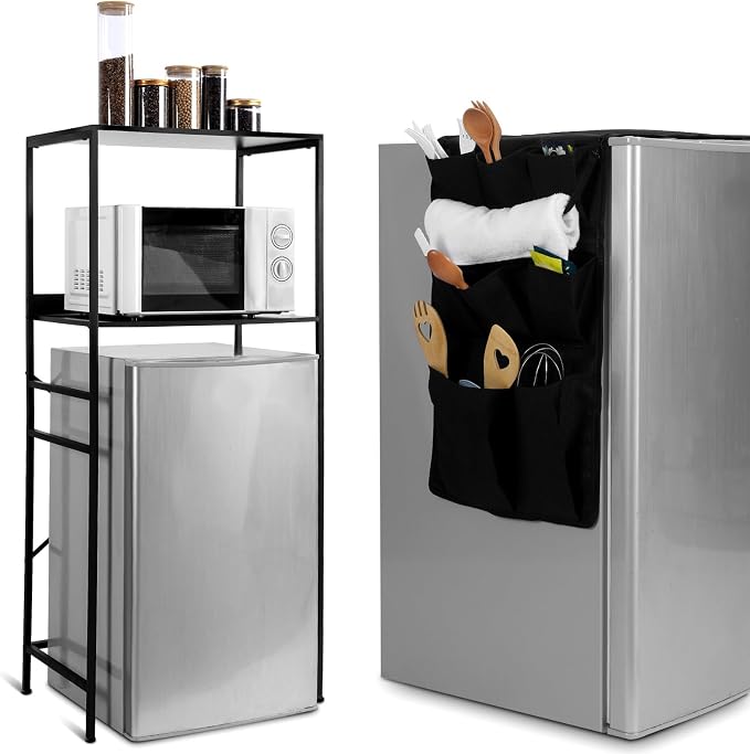 Weysat Dorm Essentials 1 Pcs Mini Fridge and Microwave Stand for Dorm 1 Pcs Mini Fridge Organizer Over the Refrigerator Storage Organizer for Home Office School Kitchen(Black)
