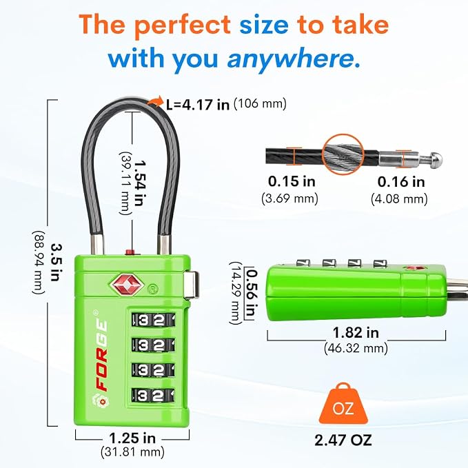 Forge TSA Approved Luggage Locks 4 Digit Combination TSA Travel Locks with TSA008, Open Alert Indicator, Zinc Alloy Body for Luggage, Suitcase, Backpack, and More. 4 Locks.