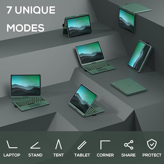 typecase Touch Keyboard Case with Trackpad for iPad Air 11-inch (M3 2025 / M2 2024):360°Rotatable - 11 Colors Backlight - Wireless Keyboard with Pencil Holder for iPad Air 5th & 4th Gen,Midnight Green