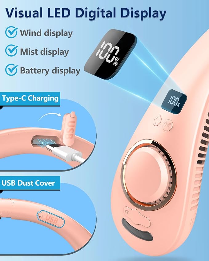Neck Fan that Blow Cold Air with Water Mist Spray, 4000mAh USB Rechargeable & LED Display, Foldaway Hands Free with Dual Controls, Personal Cooling Device for Mother's Day Father's Day Birthday, Pink