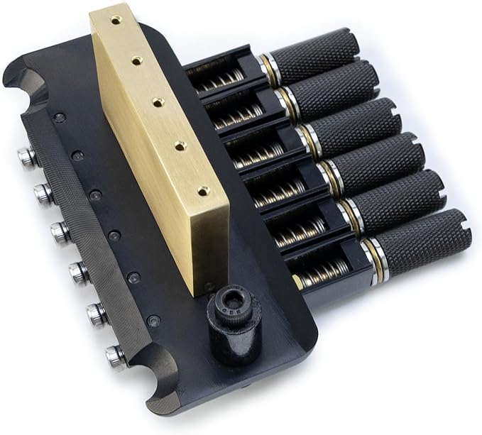 10.5mm Headless Electric Guitar Bridge Brass Block Saddle Hardened Steel Plate 2 point tremolo bridge for 6 String Headless Electric Guitar Replacement parts（Black Tailpiece Nut）