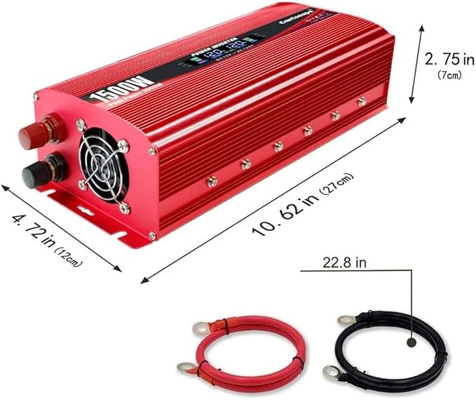 Cantonape 1500W Power Inverter 12V to 110V/120V Car Charger Converter with LCD Display, 3.1A Dual USB Ports 2 AC Outlets Car Adapter for RV, Truck, Solar, Off-Grid, Vehicle Red