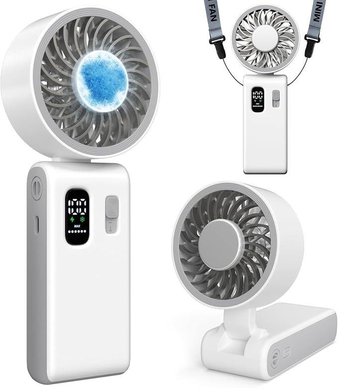 Portable Handheld Fan with Ice Cooling, 100 Speed Rechargeable Mini Desk Fan, Up to 12Hrs Cooling, Powerful Folding Personal Fan for Travel, Camping, Office (White)