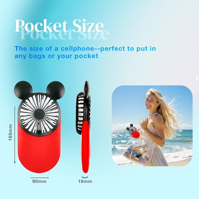 Cute Mouse Personal Mini Fan, Rechargeable Handheld USB Fan, 3 Adjustable Wind Speeds and Wearable Design, Portable Pocket Size for Travel/Outdoor/Vacation/Park Trip (Red+Pink+Blue)