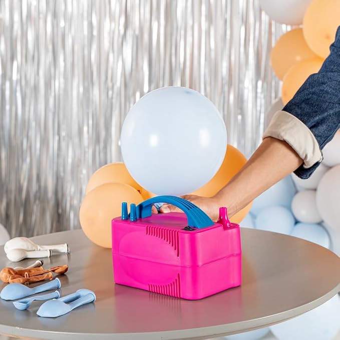 Restaurantware Balloonify 600W Electric Air Pump 1 Portable Balloon Inflator - Dual Modes Two Nozzle Sizes Pink & Blue Plastic Air Pump for Balloons 110V powerchord Double Inflation Design