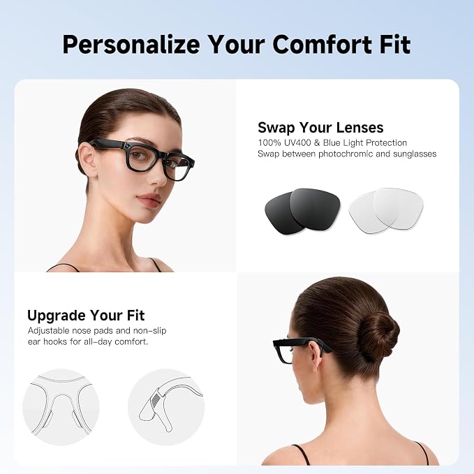 AI Smart Glasses with Camera, 4K Video Recording Glasses & 8MP Photo Capture, Open-Ear Bluetooth Audio Sunglasses, Real-Time Voice Translation, AI Assistant & Object Recognition for Travel Vlog