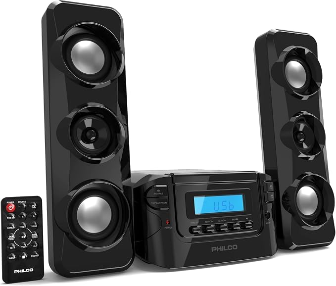 Philco Stereo Shelf Systems Compact CD Shelf System with Digital FM Stereo Radio, Bluetooth Wireless Technology, and Remote Control | LCD Display | MP3 & AUX Port Compatible | USB Playback (Black)