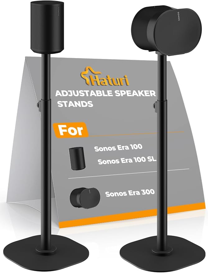 Haturi Speaker Stands Pair for Sonos Era 100, Era 100 SL & Era 300, Adjustable 22"–42" Floor Stands with Cable Management Heavy Duty Metal Construction Non-Slip Base for Living Room Bedroom Office