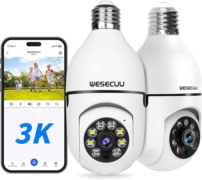 WESECUU 3K Light Bulb Security Camera -5G& 2.4GHz WiFi Security Cameras Wireless Outdoor Motion Detection and Alarm,Two-Way Talk,Color Night Vision,Human Detection, 500MP Ultra HD