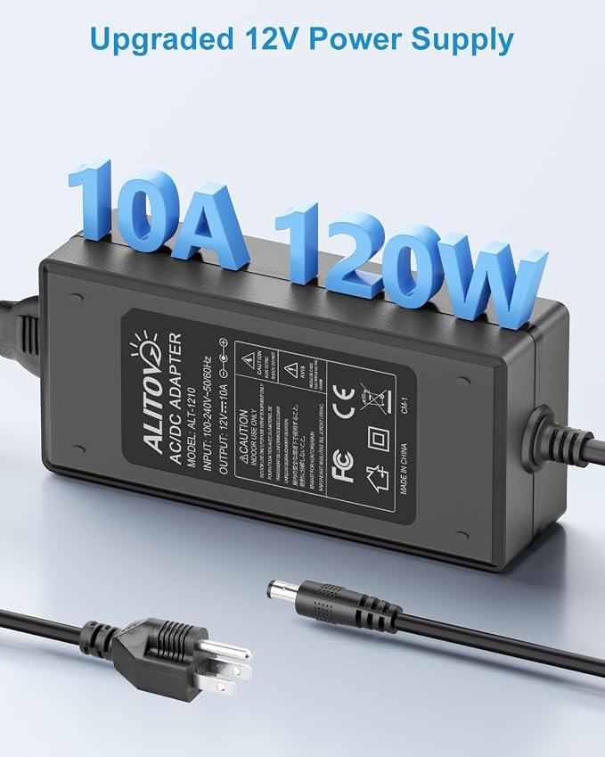 ALITOVE Upgraded 12V Power Supply 10A GaN 120W AC Adapter 100-240V 50-60HZ to DC 12 Volt Transformer Converter 10 Amp 8A with 5.5x2.5mm DC Plug for LED Strip Light CCTV Cameras and Other 12V Projects