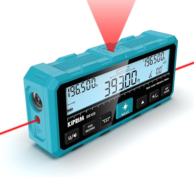 Kiprim DR120 Dual Laser Distance Meter with Bidirectional Laser Emission, Vertical Laser Marking Line, and Electronic Level, Measures in Meters, Feet, and Inches, 393ft/120m Range Rangefinder