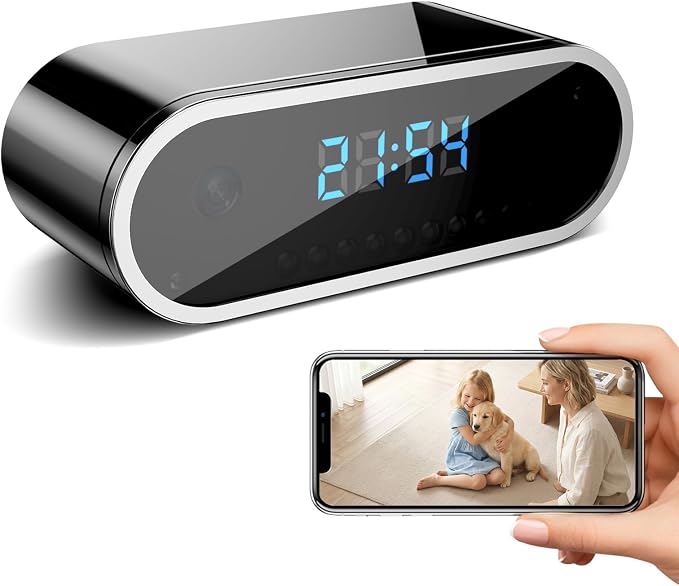 Wireless WiFi Indoor Security Camera with Clock for Home with App Control, Motion Detection, 150° Outdoor Camera with Night Vision & Loop Recording for Office/Shop/Pet/Garage,User-Friendly