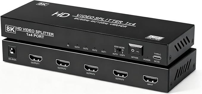 8K HDMI Splitter 1 in 4 Out,4k@120Hz 1X4 hdmi 2.1 Splitter Support 8k@60Hz,4:4:4,48 Gbps,EDID,Auto Down Scaler,8K & 4K or 1080P Sync HDCP 2.3, VRR, HDR10+ for PS5，Laptop,HDTV,Projector